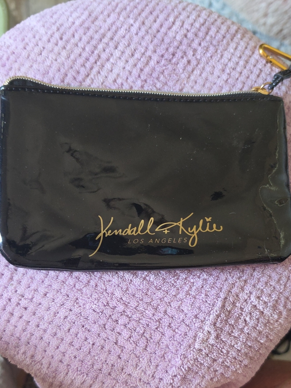 Kendall & Kylie Black Patent Wristlet with Gold Logo